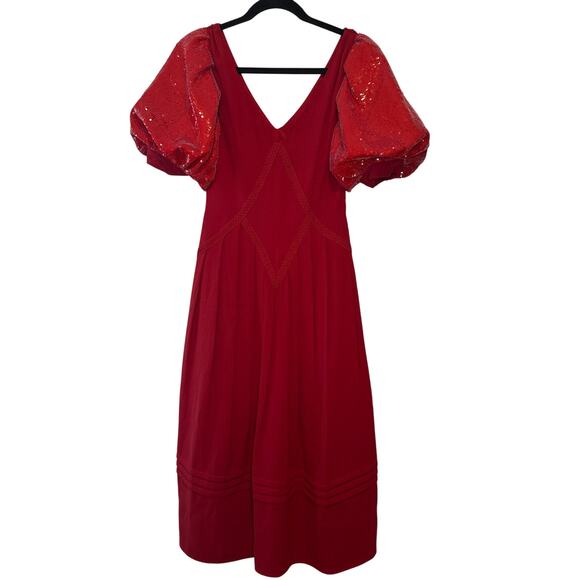 Self-Portrait Red Sequin Puff Sleeve Midi Dress Size 2 NWT - Picture 3 of 11